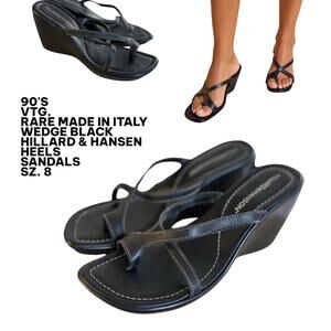 90'S VTG. RARE MADE IN ITALY BLACK LEATHER HILLARD & HANSEN CHUNKY WEDGE SZ. 8